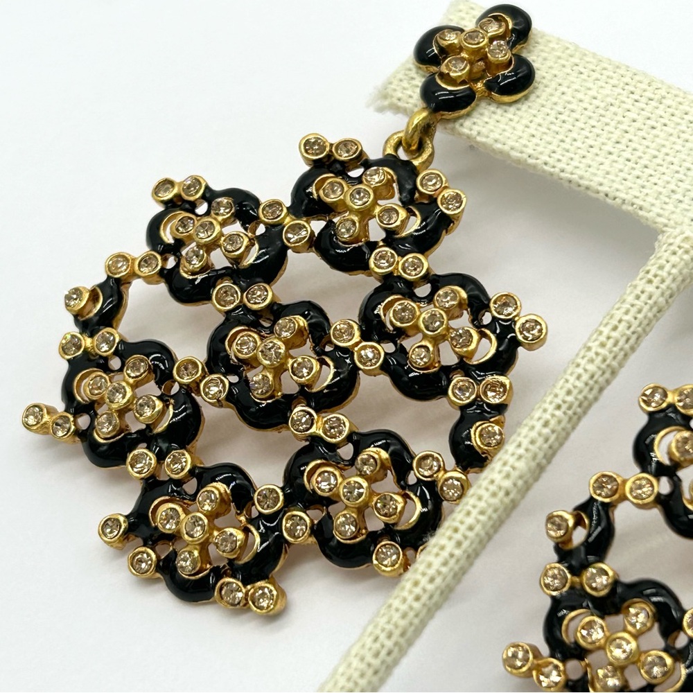 Oscar de la Renta Black Enameled and Crystal Drop Earrings - Picture 4 of 7